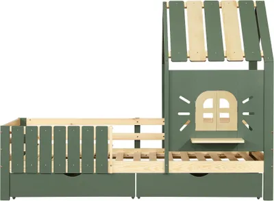 Produktbild von Kinderbett 90x200cm Ohne Matratze Gruen Hausbett Mit Dach Fenster Gruen Natur Kiefer MDF Mit Holzfensterbank Vierseitiger Zaun 2 Schubladen