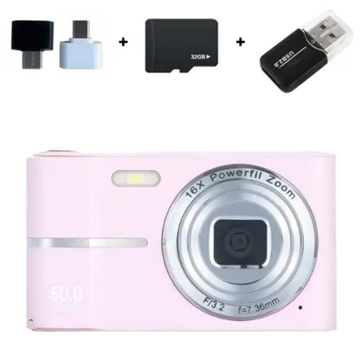 Image de Appareil photo numérique - Appareil photo compact - Mémoire de 32 Go - 50 MP - Zoom 16x - Vidéo 1080p - Lecteur de carte USB + adaptateur Android - Pour débutants - Rose