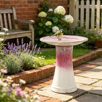 Produktbild von Keramik-Vogelbad Ø43x45cm, Verlaufsglasur, Wellenmuster, wetterfest, frostsicher, Garten. White+Pink