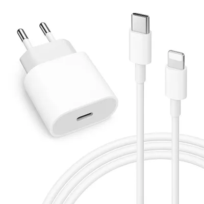 A white USB-C power adapter and a white USB-C to Lightning cable are shown against a white background.