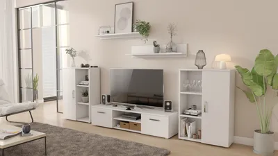 Produktbild von Per La Vita Wohnwand Herkules Weiß, Schrankwand Wohnzimmer Modern, Wohnzimmerschrank mit Hängeschrank, , Sideboard und Wandregal, Wohnzimmer
