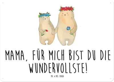 Produktbild von Mr. & Mrs. Panda Wandbild Bären mit Blumenkranz DIN A4 - Weiß - Geschenk, Schild, Muttertag, Family, Bär, tafel, Kinder, Türschild, Deko Metallschild, Familie, Blechtafel