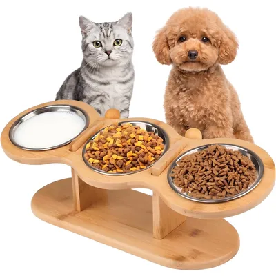 Produktbild von Katzennäpfe Erhöht Futterstation Katze 15°Gekippte Höhe Verstellbar Katzen Futternapf Erhöht mit 3 Edelstahl Schüsseln für Katzen,Kleine Hunde