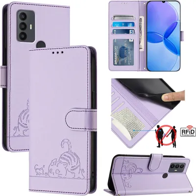 Produktbild von Leder Hülle für TCL 30 SE Süße Katze Flip Case Brieftasche Schutzhülle mit Standfunktion Lila