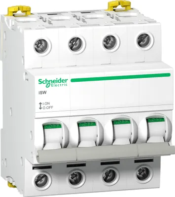 A white electrical circuit breaker with green and yellow accents, displayed against a white background.
