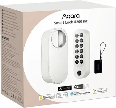 The image shows the retail packaging of an Aqara Smart Lock U200 Kit.