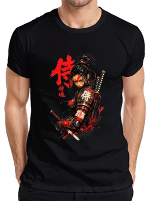 Zdjęcie produktu dla Koszulka męska, czarna, rozmiar 3XL, z motywem samuraja, katany, Japonii, anime, mangi, stylu Y2K, ronina