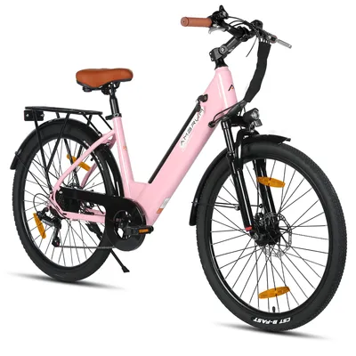 Produktbild von Hiland 26 Zoll 7-Gang 250W Elektrofahrrad für Männer und Frauen, Elektrisches Citybike mit 36V 7,8Ah Akku, mit Vorder- und Rücklicht, Rosa