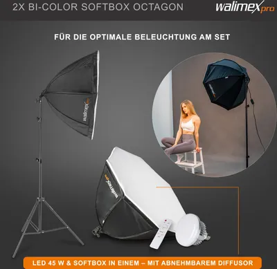 Obrázek produktu pro Walimex pro Octagon fotoateliérová sada, 45 W LED světlo se softboxem, stativy, pozadí, dvoubarevné video světlo se systémem pozadí, studiové světlo s dálkovým ovládáním