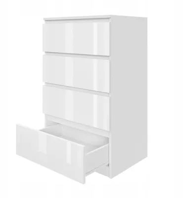 A white, high-gloss chest of drawers with four drawers, one of which is partially open.
