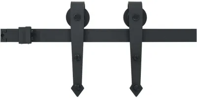 A black sliding door hardware set is shown against a white background.