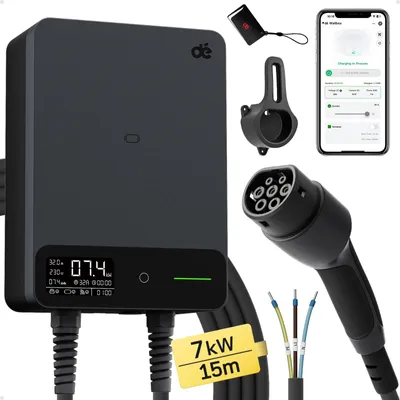 Immagine prodotto di Wallbox per auto elettriche - Caricabatterie per veicoli elettrici di tipo 2 - 7,4 kW - 230 V, 32 A - Controllo tramite app - RFID - Cavo da 15 metri - Colore nero