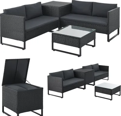 Produktbild von Juskys Polyrattan Lounge Santorini - Sitzecke mit Beistelltisch & Auflagenbox - Schwarz