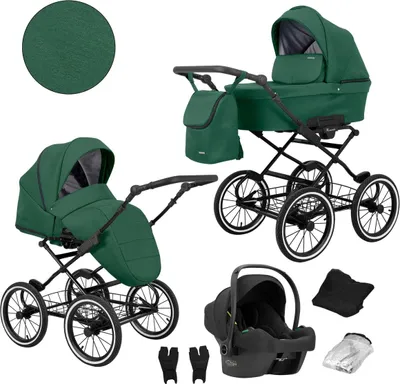 Produktbild von Kunert Romantic 3-in-1 Kinderwagen in Grün mit Cosmo Autositz und großem Zubehörpaket