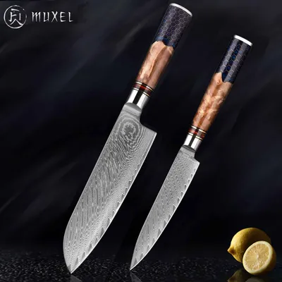 Zdjęcie produktu dla 2-częściowy zestaw noży Santoku i noży do obierania Unikalne elementy z różnokolorowymi drewnianymi rękojeściami. Ostre azjatyckie noże 67 warstw
