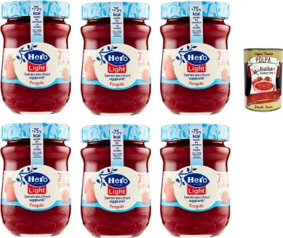 Produktbild von Hero Light Konfitüre Leichte Brotaufstriche Erdbeeren, Extra-Marmelade und Konfitüre mit hochwertigen Früchten, ohne Zuckerzusatz und sehr wenig Kalorien 6x 280 g + Italian Gourmet polpa 400g