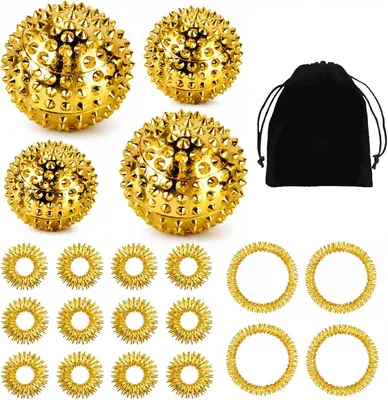 Imagen del producto de Cuatro bolas de acupresión magnéticas, con 12 anillos de masaje cada una, color dorado, para masajes en las manos