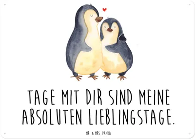 Produktbild von Mr. & Mrs. Panda Schild Pinguin umarmen DIN A6 - Weiß - Geschenk, Liebe, wandtafel, Hochzeitsgeschenk, Hochzeitstag, Türschild, Wandbild, tafel, Blechschild