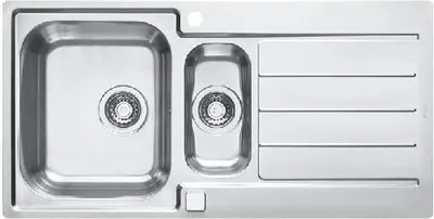 A top-down view of a stainless steel kitchen sink with two basins and a draining board.