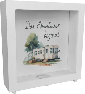 Produktbild von Abenteuer Wohnwagen Rahmen Spardose aus Holz mit Spruch Das Abenteuer beginnt