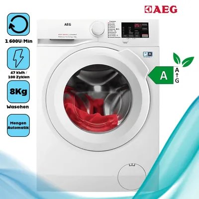 A white AEG washing machine with red laundry inside the drum, presented with various feature callouts and an energy efficiency rating.