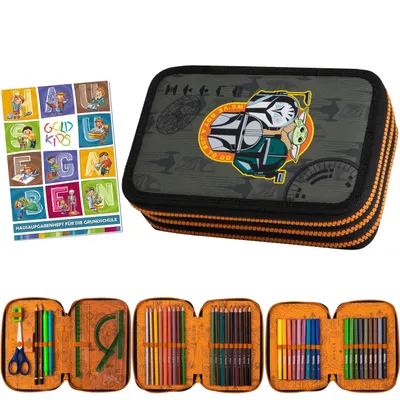 Produktbild von Federmäppchen 3 Fächer - Mäppchen für Mädchen und Jungen - Federmappe 3-Fach Federtasche Gefüllte Schüleretui 46-teilig - Mandalorian Star Wars