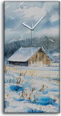 Produktbild von Wanduhr Leinwand Bild Uhr Quarz 30x60 Altes Scheunenhaus Aquarell Landschaft - weiße Hände