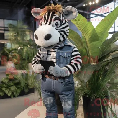 Produktbild von Maskottchencharakter REDBROKOLY eines olivfarbenen Zebras mit Jeanshemd und Gürtel