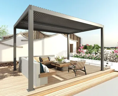 Produktbild von Pergola HWC-L46, pawilon ogrodowy listwowy, rama aluminiowa 10cm, rynna przeciwdeszczowa, 3x3m ~ antracyt
