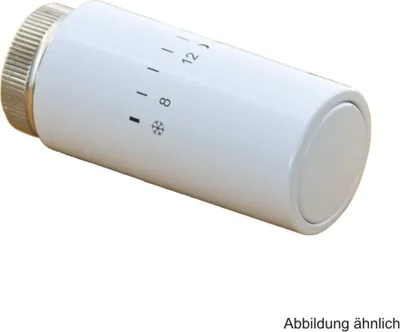 A white thermostat head with silver accents, set against a white background.