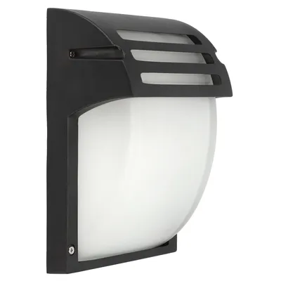 A black outdoor wall light with a white diffuser.