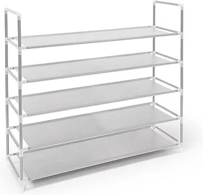 Productafbeelding van Famanu schoenenkast met 5 niveaus, geschikt voor 20 paar schoenen - metaal en stof - afmetingen (h x b x d): 90,5 x 87 x 29,5 cm - wit