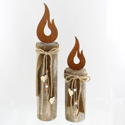 Produktbild von 2 Dekosäulen Flammendes Herz" aus Holz, rustikal, Dekofigur"