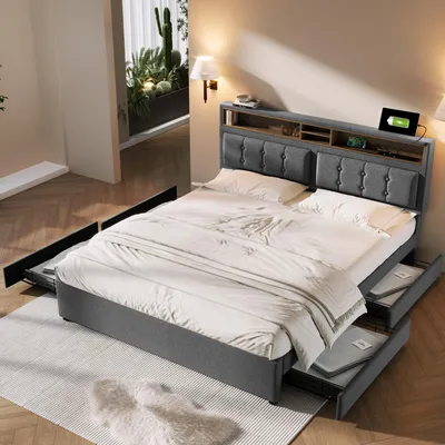 Produktbild von Doppelbett mit 4 Schubladen& USB C Steckdose, Polsterbett 160x200cm, Höhenverstellbarem Kopfteil, Lattenrost aus Holz(Ohne Matratze) ,Grau