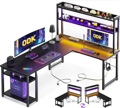 Obrázok produktu pre ODK Herný stôl LED v tvare L 2 zásuvky 2 USB 150x120 cm