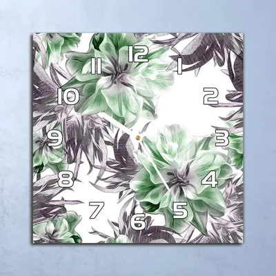 Produktbild von Deko Glasuhr Wanduhr 30x30 grüne Blumen Quarz Küchenuhr Bürouhr
