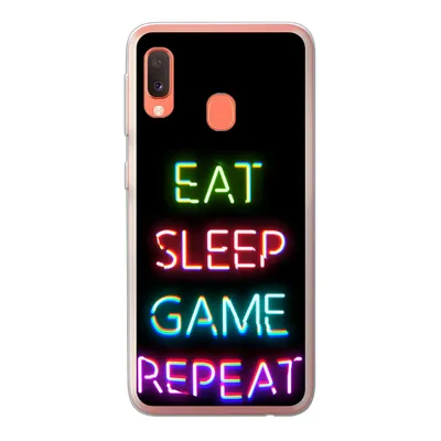 Produktbild von MuchoWow® Handyhülle Schutzhülle Hülle für Samsung Galaxy A20e Gaming - Led - Zitat - Eat sleep game repeat - Gaming Silikon Softcase Handy Hülle - Abdeckung