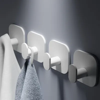 Image de Porte-serviettes sans perçage, lot de 4, porte-serviettes de salle de bain en acier inoxydable, crochets adhésifs ultra-résistants, crochets adhésifs pour la salle de bain et la cuisine, blanc