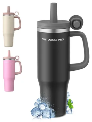 Thermobeker 1200 ml, Henkel, Strohhalm, BPA-frei, Schwarz