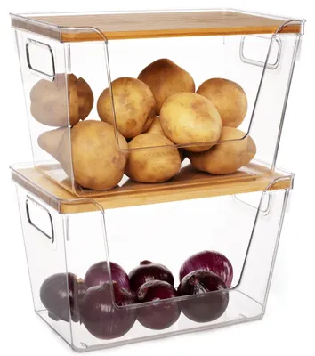 Productafbeelding van Omgoods - Set van 2 Stapelbare Keukenopbergdozen met Bamboe Deksel