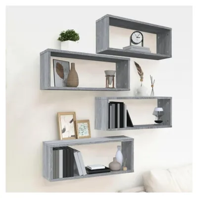 Produktbild von Würfelregale 4 Stück Bücherregal Schwebend, Regalbrett, Kleinregal, Schubladenregal, Wandregal, Hausregal, Schmalregal, Hängeregal, Grau Sonoma 60x15x23 cm Holzwerkstoff