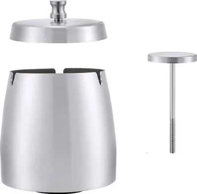 Produktbild von Aschenbecher mit Deckel, Edelstahl Aschenbecher Windgeschützt, Tragbarer Aschenbecher für Draußen und Innen, Tischaschenbecher mit rutschfeste Basis für Home Office Dekoration