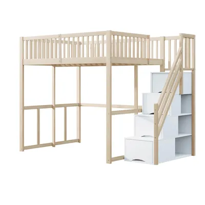 Produktbild von okwish Hochbett 140x200cm Jugendbett，Einzelbett mit Sicherheitsaufbewahrungsleiter,Sicherheitsumrandung, Geeignet für Kinder, Jugendliche und Erwachsene,  ohne Matratze, Holzfarbe