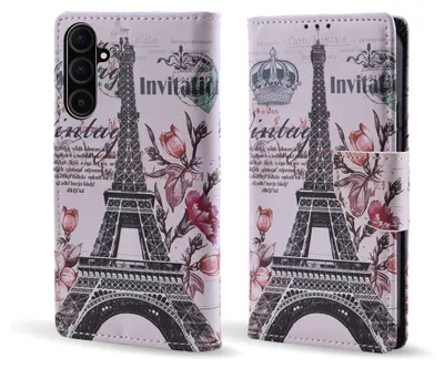 Produktbild von Handy Hülle für Samsung Galaxy A36 5G Klapphülle Bookcase Flip Cover Handy Tasche Etui Motiv: Eiffelturm Paris Blumen