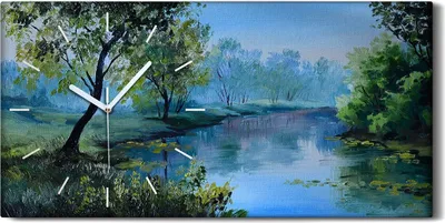 Produktbild von Leinwand Uhr Küche Wohnzimmer Bild 60x30 Malerei Wald Bäume Fluss Landschaft - weiße Hände