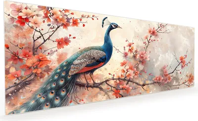 Produktbild von Küchenrückwand Spritzschutz Glas mit Motiv Pfau und Blüten 40 x 40 cm