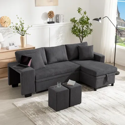 Produktbild von STILVORA Klappsofa mit Schlaffunktion,L-förmiges Ecksofa mit USB-Ladeanschluss und Kissen,3-Sitzer-Umbausofa mit Seitenablagen und Stauraum,Grau
