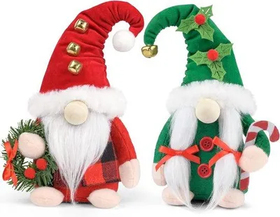 Productafbeelding van Kerstelf, pluche, set van 2, handgemaakte kerstmannetjes in Scandinavische stijl - rood/groen