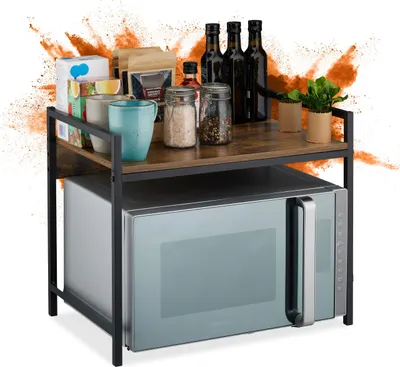 Image de Étagère pour micro-ondes Relaxdays, H x l x P : 40 x 53 x 33 cm, fer, MDF, stable, peu encombrante, étagère de cuisine sur pied, noir/marron