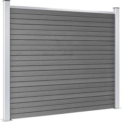 A close-up view of a grey WPC fence element with silver metal posts.